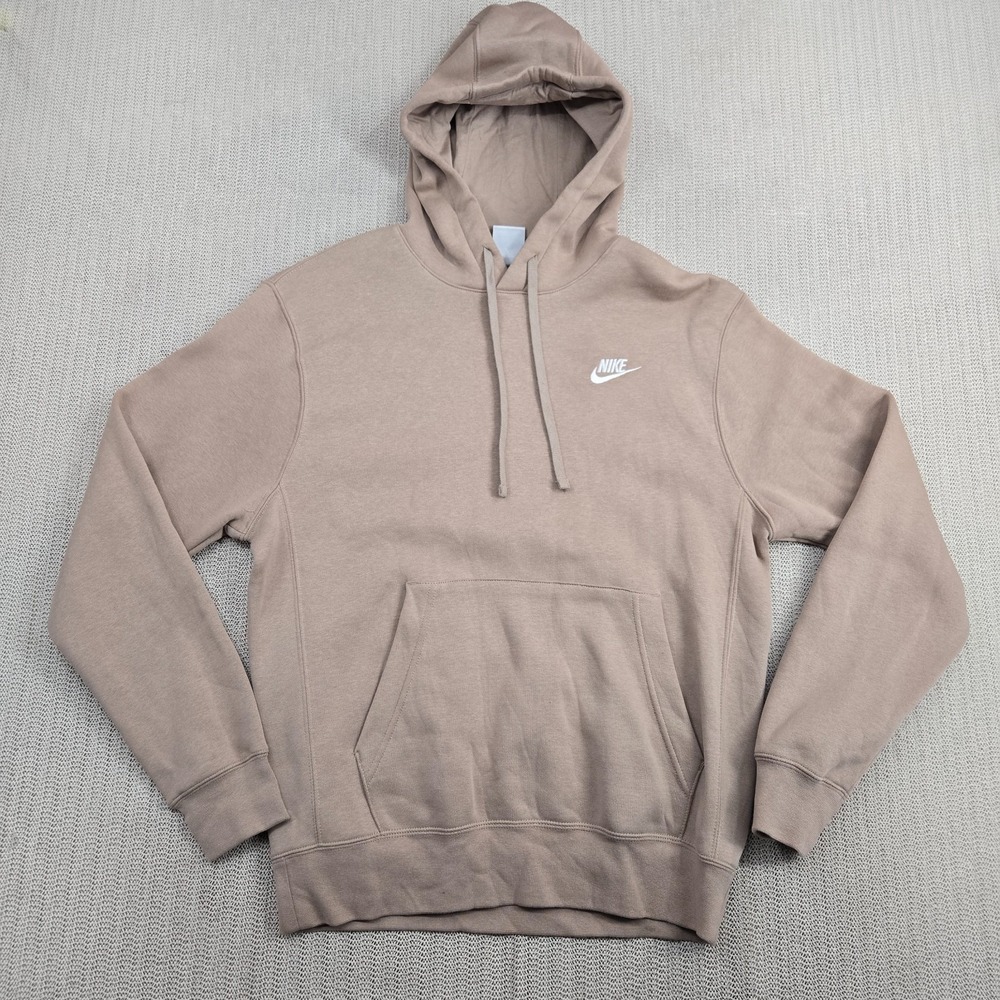 Nike Club Fleece Hoodie Sweatshirt Mens Small Beige Pullover Spellout Swoosh